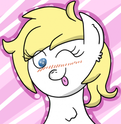 Size: 489x500 | Tagged: safe, artist:anonymous, imported from derpibooru, oc, oc only, oc:aryanne, blonde, blushing, bust, chest fluff, ear fluff, face, female, portrait, solo, tongue out