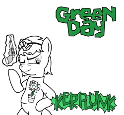 Size: 928x860 | Tagged: safe, artist:koscielny, imported from derpibooru, album, album cover, clothes, green day, gun, kerplunk, parody, ponified album cover, solo