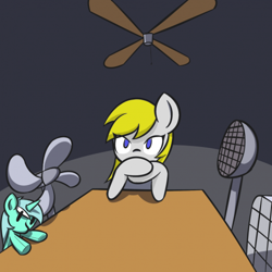 Size: 500x500 | Tagged: safe, artist:manicpanda, edit, imported from derpibooru, oc, oc only, oc:aryanne, art theft, blonde, fan, female, holding hooves, interrogation, lighting, looking at you, lyra plushie, microphone, recolor, room, solo