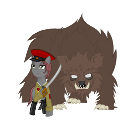 Size: 2000x2000 | Tagged: safe, artist:anonymous, imported from derpibooru, oc, oc only, oc:veronika, bear, earth pony, pony, boots, clothes, communism, female, hammer and sickle, hat, mare, rivalry, shirt, solo, sword