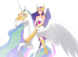 Size: 1122x825 | Tagged: safe, artist:polarityplus, imported from derpibooru, princess celestia, twilight sparkle, horse, human, crossover, humanized, humans riding horses, humans riding ponies, riding, she-ra, sword, twilight riding celestia, twilight sparkle (alicorn), valkyrie