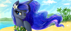 Size: 721x313 | Tagged: safe, artist:katputze, imported from derpibooru, princess luna, pony, beach, bedroom eyes, female, flower, flower in hair, hawaii, hawaiian, hawaiian flower in hair, lei, mare, smiling, solo