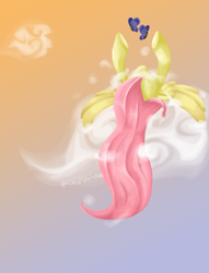 Size: 901x1178 | Tagged: safe, artist:hybridsketchez, imported from derpibooru, fluttershy, butterfly, cloud, cloudy, female, solo