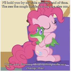 Size: 945x954 | Tagged: safe, imported from derpibooru, gummy, pinkie pie, hug, image macro, meme, text