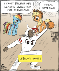 Size: 450x540 | Tagged: safe, deleted from derpibooru, imported from derpibooru, applejack, rainbow dash, human, brevity, cleveland cavaliers, clothes, comic, funny, hoodie, lebron james, loyalty