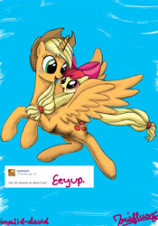 Size: 4880x6968 | Tagged: safe, artist:invalid-david, imported from derpibooru, apple bloom, applejack, alicorn, pony, absurd resolution, alicornified, applecorn, flying, race swap