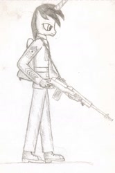 Size: 1024x1538 | Tagged: safe, artist:20thx5150, imported from derpibooru, oc, oc only, alicorn, anthro, alicorn oc, anthro oc, clothes, gun, m14, monochrome, pencil drawing, rifle, sergeant, sergeant major, soldier, traditional art, uniform, weapon