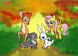 Size: 3470x2500 | Tagged: safe, artist:invalid-david, imported from derpibooru, angel bunny, fluttershy, bambi, crossover, thumper, thumper (bambi)