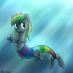 Size: 900x900 | Tagged: safe, artist:versimer, imported from derpibooru, oc, oc only, oc:wheely bopper, merpony, original species, wheelpone, belly button, propeller, smiling, solo, species swap, underwater