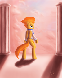 Size: 800x1000 | Tagged: dead source, safe, artist:jeki, imported from derpibooru, spitfire, pegasus, pony, bipedal, clothes, cloud, cloudy, column, female, jacket, painting, sky, solo, sunset, underhoof