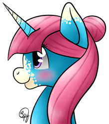 Size: 1024x1171 | Tagged: safe, artist:starshinefox, imported from derpibooru, oc, oc only, oc:strawberry snowflake, pony, unicorn, blushing, contest prize, portrait, solo