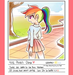 Size: 1200x1230 | Tagged: safe, artist:chch, imported from derpibooru, pinkie pie, rainbow dash, human, clothes, diary, female, humanized, lesbian, miniskirt, park, pinkiedash, school uniform, schoolgirl, shipping, shirt, skirt, tree