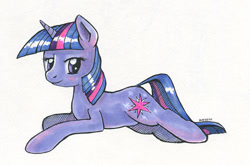 Size: 600x396 | Tagged: safe, artist:maytee, imported from derpibooru, twilight sparkle, female, lying, simple background, solo, traditional art