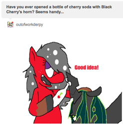 Size: 448x454 | Tagged: safe, artist:thecherrysodaaskblog, imported from derpibooru, queen chrysalis, oc, oc:cherry soda, tumblr:thecherrysodaaskblog, bottle, outofworkderpy, soda, tumblr