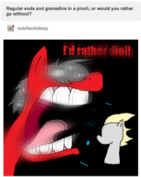 Size: 450x563 | Tagged: safe, artist:thecherrysodaaskblog, imported from derpibooru, derpy hooves, oc, oc:cherry soda, pegasus, pony, tumblr:thecherrysodaaskblog, big head, female, mare, open mouth, outofworkderpy, spittle, tumblr, yelling