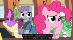 Size: 628x349 | Tagged: safe, artist:meh-less, artist:mehless, edit, edited screencap, imported from derpibooru, screencap, berry punch, berryshine, maud pie, pinkie pie, maud pie (episode), all new, hub logo, iraq, meme, youtube caption