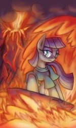 Size: 693x1153 | Tagged: safe, artist:cazra, imported from derpibooru, maud pie, earth pony, pony, female, hot, lava, lava surfing, magma, rock, solo, surfing, volcano