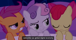Size: 800x418 | Tagged: safe, artist:vedelsaast, imported from derpibooru, screencap, apple bloom, scootaloo, sweetie belle, cutie mark crusaders, meme, youtube caption