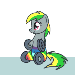 Size: 500x500 | Tagged: safe, artist:versimer, imported from derpibooru, oc, oc only, oc:wheely bopper, human, original species, wheelpone, adorabopper, animated, belly button, car horn, cute, frown, hand, honk, open mouth, poking, sad, sitting, smiling, wavy mouth