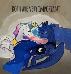 Size: 1280x1340 | Tagged: safe, alternate version, artist:casynuf, imported from derpibooru, princess celestia, princess luna, all caps, alternate versions at source, duo, english, eyes closed, royal sisters, siblings, sisters, text