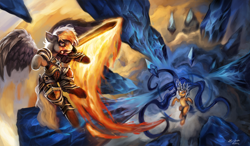 Size: 1280x747 | Tagged: safe, artist:ziom05, imported from derpibooru, derpy hooves, oc, oc:windigo queen, pegasus, pony, derpy's and carrot top's journey, armor, badass, epic derpy, female, fire, mare, mouth hold, sword
