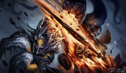 Size: 1280x747 | Tagged: safe, artist:ziom05, imported from derpibooru, derpy hooves, oc, oc:windigo queen, pegasus, pony, derpy's and carrot top's journey, armor, badass, crown, epic derpy, female, fire, mare, mouth hold, sword, tentacles
