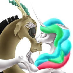 Size: 2000x2000 | Tagged: safe, artist:mindmendereoin, imported from derpibooru, discord, princess celestia, alicorn, draconequus, pony, curved horn, dislestia, female, kissing, male, shipping, simple background, straight, white background