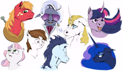 Size: 5850x3375 | Tagged: safe, artist:mindmendereoin, imported from derpibooru, big macintosh, hoity toity, pipsqueak, prince blueblood, princess luna, soarin', sweetie belle, twilight sparkle, earth pony, pony, curved horn, hoers, male, stallion, sunglasses