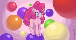 Size: 3840x2040 | Tagged: safe, artist:crombiettw, imported from derpibooru, pinkie pie, balancing, female, fluffy, gumball, open mouth, smiling, solo