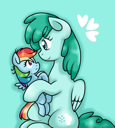 Size: 900x1000 | Tagged: safe, artist:stockingstreams, imported from derpibooru, rainbow dash, spring melody, sprinkle medley, carrying, cute, dashabetes, duo, female, filly, foal, headcanon, heart, mother and daughter, size difference, smiling, smoldash, sprinklebetes, younger