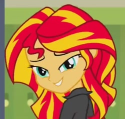 Size: 719x686 | Tagged: safe, imported from derpibooru, screencap, sunset shimmer, equestria girls, rainbow rocks, grin, happy, lidded eyes, smiling