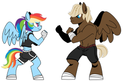 Size: 1501x982 | Tagged: safe, artist:dbkit, imported from derpibooru, dumbbell, rainbow dash, anthro, pegasus, unguligrade anthro, bandage, clothes, duo, male, shorts, simple background, sparring, stallion, transparent background