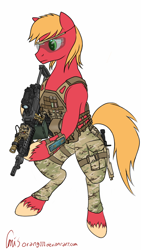 Size: 720x1280 | Tagged: safe, artist:orang111, imported from derpibooru, big macintosh, pony, an/peq-15, armband computer, bipedal, crye jpc, elcan, gun, hmd, m249, machine gun, male, military, sketchbook mobile, solo, unshorn fetlocks