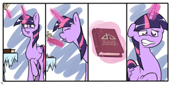 Size: 3000x1500 | Tagged: safe, artist:doggonepony, imported from derpibooru, twilight sparkle, alicorn, pony, blowing, book, comic, deviantart, dust, female, mare, responsibility, solo, twilight sparkle (alicorn), twilight's lost book