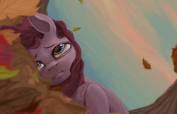 Size: 1097x710 | Tagged: safe, artist:colorlesscupcake, imported from derpibooru, pinkie pie, autumn, female, leaves, lying, pinkamena diane pie, sad, solo