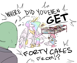 Size: 1765x1449 | Tagged: safe, artist:nobody, imported from derpibooru, princess celestia, oc, oc:anon, oc:dawn, satyr, :t, and that's terrible, cake, cakelestia, cute, daughter, eating, eyes closed, family, father, happy, interspecies offspring, lex luthor, magic, mother, mother and daughter, offspring, parent:anon, parent:oc:anon, parent:princess celestia, sitting, smiling, spread wings, stealing, sweat, telekinesis