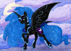 Size: 1123x816 | Tagged: safe, artist:jenkiwi, imported from derpibooru, nightmare moon, alicorn, pony, female, mare, raised hoof, solo, spread wings, traditional art
