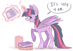 Size: 1245x869 | Tagged: safe, artist:ninidoodles, imported from derpibooru, twilight sparkle, alicorn, pony, book, female, looking at you, magic, mare, open mouth, raised hoof, solo, telekinesis, that pony sure does love books, tired, twilight sparkle (alicorn), unshorn fetlocks