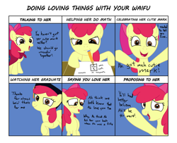 Size: 1600x1300 | Tagged: safe, artist:varemia, imported from derpibooru, apple bloom, earth pony, pony, cape, clothes, cmc cape, dialogue, doing loving things, female, filly, looking at you, love, mare, meme, older, older apple bloom, open mouth, talking to viewer, waifu