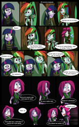 Size: 1024x1638 | Tagged: safe, artist:fj-c, imported from derpibooru, pinkie pie, rainbow dash, twilight sparkle, equestria girls, comic, dialogue, fantasy equestria, humanized, midriff, pony coloring, spanish