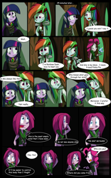 Size: 1024x1638 | Tagged: safe, artist:fj-c, imported from derpibooru, pinkie pie, rainbow dash, twilight sparkle, equestria girls, comic, dialogue, fantasy equestria, humanized, midriff, pony coloring