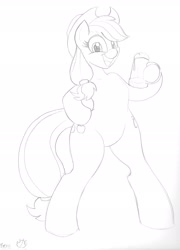 Size: 1573x2183 | Tagged: safe, artist:badgerben, imported from derpibooru, applejack, pony, bipedal, cider, female, monochrome, solo