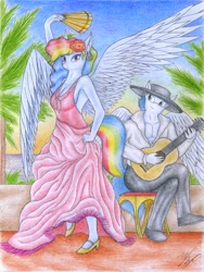 Size: 2467x3277 | Tagged: safe, artist:sinaherib, imported from derpibooru, rainbow dash, soarin', anthro, breasts, cleavage, clothes, dancing, dress, duo, female, guitar, male, shipping, soarindash, straight, traditional art