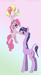 Size: 660x1200 | Tagged: safe, artist:virgarainboom, imported from derpibooru, pinkie pie, twilight sparkle, giraffe, annoyed, balloon, boop, duo, floating, frown, giraffied, glare, grumpy, open mouth, smiling, species swap, then watch her balloons lift her up to the sky, twiraffe