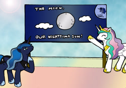 Size: 2315x1634 | Tagged: safe, artist:pixel-spark, imported from derpibooru, princess celestia, princess luna, alicorn, cloud, duo, eyes closed, moon, royal sisters
