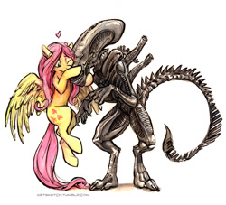 Size: 958x870 | Tagged: safe, artist:kenket, imported from derpibooru, fluttershy, alien, xenomorph, alien (franchise), crossover, cute, duo, flying, heart, hnnng, hug, shyabetes