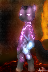 Size: 1500x2250 | Tagged: safe, artist:katsu, imported from derpibooru, oc, oc only, oc:shade, pony, bipedal, comics, crossover, heroes of the void, lava, rock, shade, solo