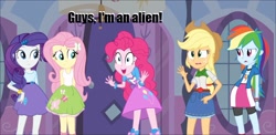 Size: 1024x499 | Tagged: safe, imported from derpibooru, applejack, fluttershy, pinkie pie, rainbow dash, rarity, alien, equestria girls, are equestrian girls human?, clothes, exploitable meme, meme, pinkie has a crazy idea, skirt, tanktop, you don't say