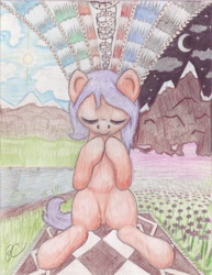 Size: 5102x6599 | Tagged: safe, artist:bluepianta, imported from derpibooru, scootaloo, absurd resolution, carpet, eyes closed, female, flower, grass, moon, mountain, pond, solo, sun, traditional art