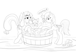 Size: 1001x683 | Tagged: safe, artist:drake, imported from derpibooru, applejack, rainbow dash, scootaloo, apple, apple bobbing, grayscale, monochrome, wet